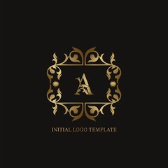 Gold A Initial logo. Frame emblem ampersand deco ornament monogram luxury logo template for wedding or more luxuries identity