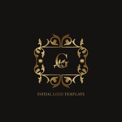 Gold G Initial logo. Frame emblem ampersand deco ornament monogram luxury logo template for wedding or more luxuries identity
