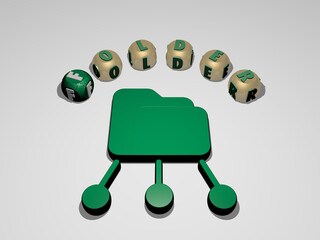 3D representation of FOLDER with icon on the wall and text arranged by metallic cubic letters on a mirror floor for concept meaning and slideshow presentation. illustration and business