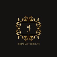 Gold J Initial logo. Frame emblem ampersand deco ornament monogram luxury logo template for wedding or more luxuries identity
