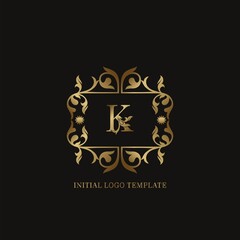 Gold K Initial logo. Frame emblem ampersand deco ornament monogram luxury logo template for wedding or more luxuries identity