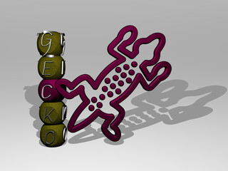 3D representation of gecko with icon on the wall and text arranged by metallic cubic letters on a mirror floor for concept meaning and slideshow presentation. animal and lizard