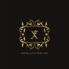 Gold X Initial logo. Frame emblem ampersand deco ornament monogram luxury logo template for wedding or more luxuries identity