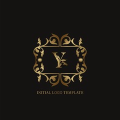 Gold Y Initial logo. Frame emblem ampersand deco ornament monogram luxury logo template for wedding or more luxuries identity