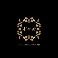 Gold TU Initial logo. Frame emblem ampersand deco ornament monogram luxury logo template for wedding or more luxuries identity
