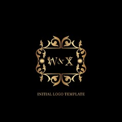 Gold WX Initial logo. Frame emblem ampersand deco ornament monogram luxury logo template for wedding or more luxuries identity