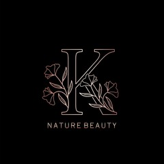 Elegance Nature Beauty Outline Flower Initial Letter K logo icon in vector ornate Flower leaf template design