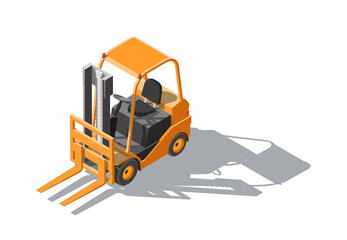 Isometric Forklift truck isolated on white background. Fork loader, logistics company, warehouse. 3D Cargo delivery infographics. Down