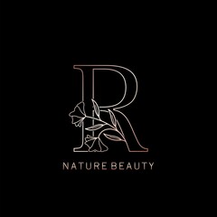 Elegance Nature Beauty Outline Flower Initial Letter R logo icon in vector ornate Flower leaf template design