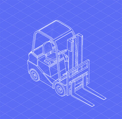 Isometric forklift sketch. 3d vector wireframe style. Outline blueprint of forklift. Vehicle drawing