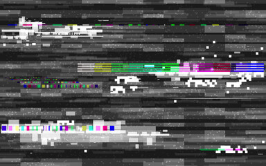 Glitch digital with color distortion. Retro VHS backdrop. Glitched lines and pixel noise. No signal template. Black and white TV texture. Old television effect. Vector illustration