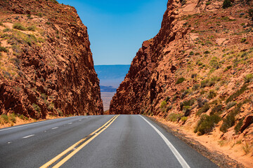 Empty scenic highway in Arizona, USA. Landscape with rocks, Road against the high rocky. mountains
