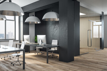 Modern coworking office interior with city view and  furniture.