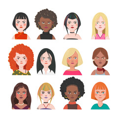Set of Woman Avatars. Twelve Characters from Different Subcultures and Social Strata. Angry Beautiful women. Diversity of Cultures. Vector Illustration.