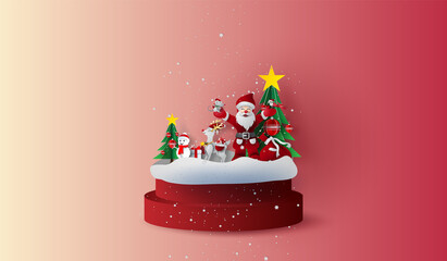Round red stage podium with landscape Christmas trees in forest.Happy new year and Merry Christmas day.paper art and craft. Santa Claus and Gift decoration for holiday and winter season. Snowing stand