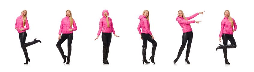 Obraz premium Pretty girl in winter pink jacket isolated on white