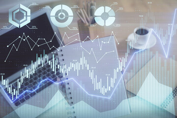 Double exposure of businesswoman hands typing on computer and forex chart hologram drawing. Financial analysis concept.