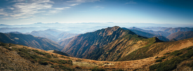 Autumn Carpathian mountains scenic landscape panorama.