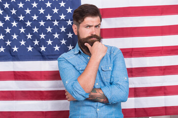 God Bless America. bearded man celebrate freedom. Patriotic education. legal system in America. confident businessman at american flag. Independence day public holiday. 4 of july independence day