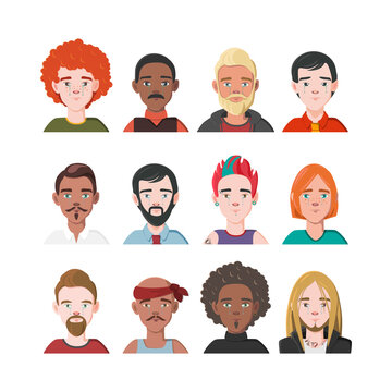 Set of Men Avatars. Twelve Characters from Different Subcultures and Social Strata. Crying Sad Beautiful Men. Diversity of Cultures. Vector Illustration.