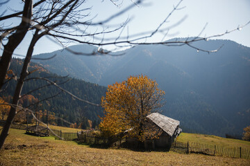 Lonely cabin in autumn mountains