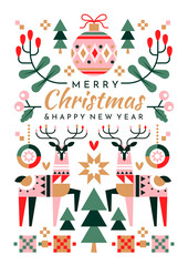 Colorful festive Christmas Greeting Card design with central text surrounded by ornaments, holly and reindeer, colored vector illustration