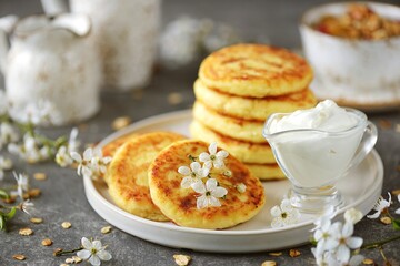 Homemade cheesecakes with sour cream. Homemade breakfast.