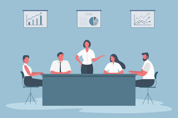 Business people during the meeting. Office workers are sitting at the table in the office. There are also diagrams on the wall. Funky flat style. Vector illustration