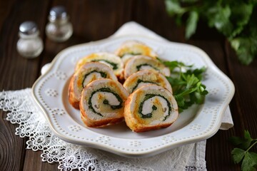 Turkey breast roll with couscous and spinach. Healthy food.