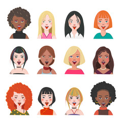 Set of Woman Avatars. Twelve Characters from Different Subcultures and Social Strata. Blep Beautiful women. Diversity of Cultures. Vector Illustration.