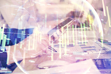 Double exposure of man's hands holding and using a phone and international business theme drawing.