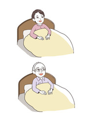 ベッドに座る笑顔の高齢者