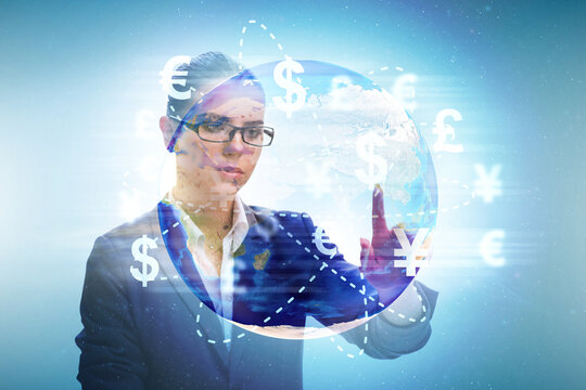 Global money transfer and exchange concept with businesswoman