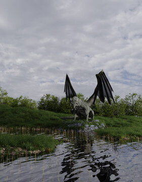 Fantasy illustration of a green marsh dragon sitting next to a pool of calm water, 3d digitally rendered illustration