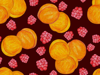Seamless pattern with apricots and raspberries painted in watercolor.