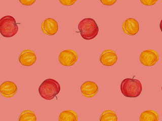 Seamless pattern with watercolor painted apricots and apples.