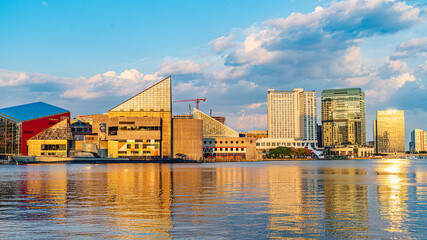 Baltimore, Maryland, US - September 4, 2019 View of Baltimore Harbor with USCG Lightship Chesapeake, Submarine USS Torsk and office buildings © Vadim