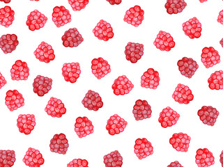seamless pattern with red raspberries drawn with watercolor paints on a white background.
