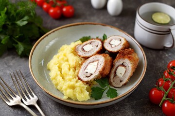 Meat roll stuffed with jamon and feta cheese with mashed potatoes.