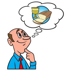 Thinking about Communion Service - A cartoon illustration of a man thinking about Communion  Service at Church.