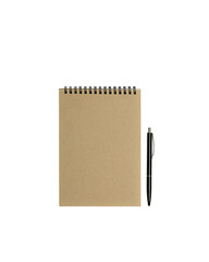 Blank spiral notepad mockup template with kraft paper cover with  black glossy pen isolated on white background.
