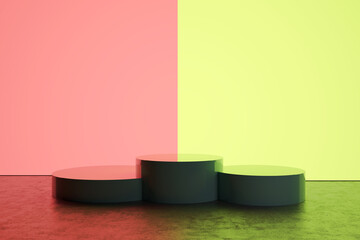 3D Render of Abstract Composition stage. Studio with Round Pedestal and Space. Futuristic Interior Backdrop for Landing Page, Showcase, Product Presentation.