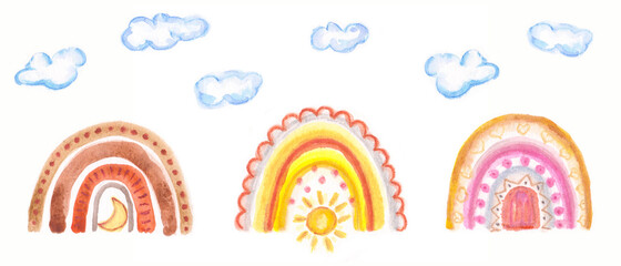 Watercolor set of colorful and cute rainbows. 