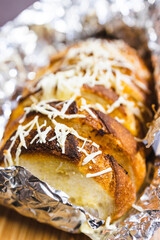 simple food ingredients, garlic bread with dairy free cheese topping