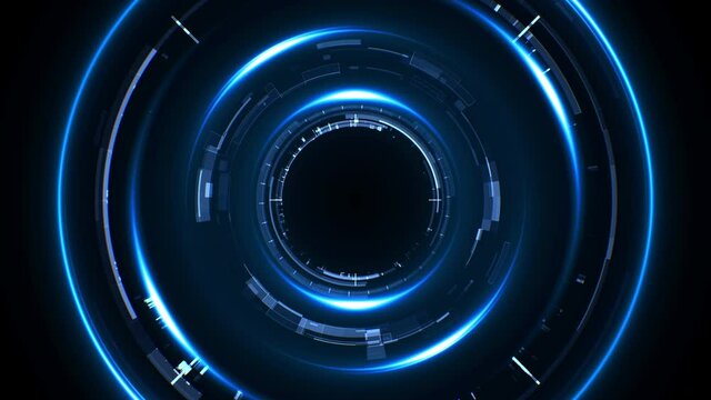 Round HUD background for cyberspace concept. Abstract futuristic texture with digital details for high technology presentation. Seamless loop.