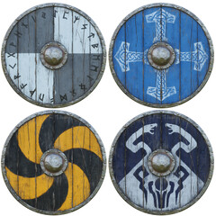 Naklejka premium Collection two of various military round shields with metal and wood construction and decorative designs and patterns on an isolated white background. 3d rendering