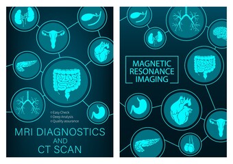 MRI research of organs medicine. Vector magnetic resonance imaging medical diagnostic. Healthcare clinic radiology, MRI analysis, diagnostics of digestive, respiratory and urogenital system posters