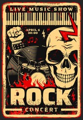 Rock music festival concert vector poster with musical instruments, skull and notes. Drum set, vinyl record and piano keyboard, studded leather bracelet and lightning, invitation grunge design
