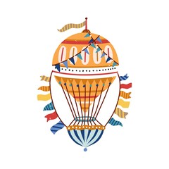 Vintage, victorian, striped, yellow hand drawn air hot balloon. Flying ornamented, cute, childish aerostat with basket for t shirt print. Flat vector cartoon illustration isolated on white background