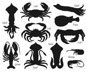 Sea animal and fish black silhouettes, vector seafood and shellfish. Crabs, squids and lobster, shrimp or prawn and fugu, isolated symbols of fish and crustaceans, fishing sport and fishery design